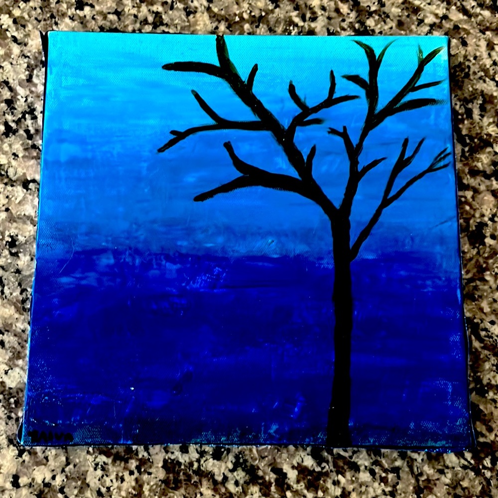6x6 inches Blue Ombré painting with black tree.